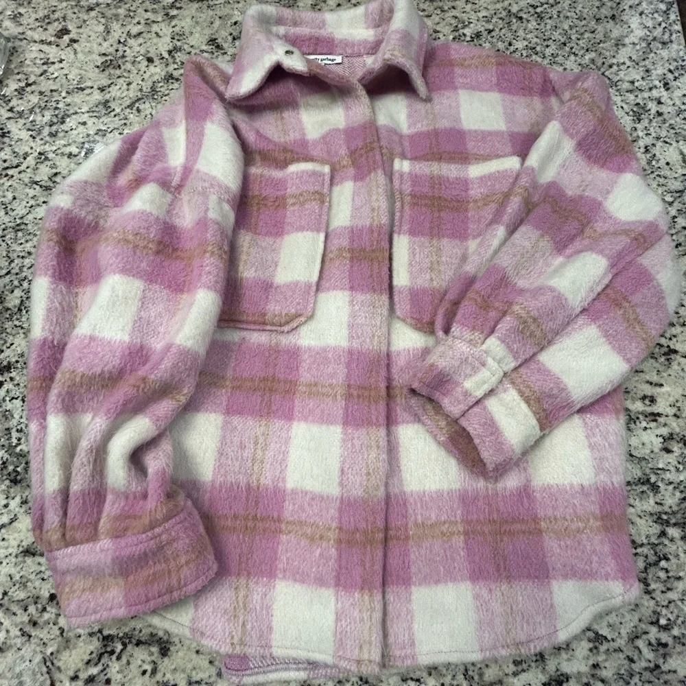 Pretty Garbage Oversized Plaid Button Down Shacket Shirt - Pink and Cream - Picture 1 of 4